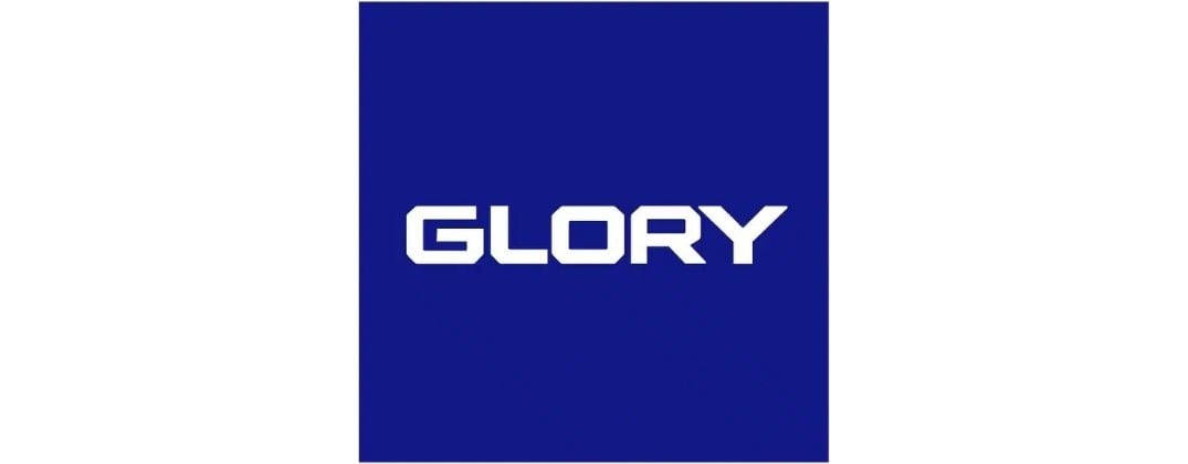 GLORY company logo, specializing in cash management and automation technology solutions, featuring the GLORY name in white lettering against a dark blue background.
