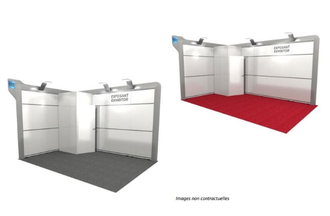 Visuel de deux stands d'exposition équipés, avec éclairage intégré et moquette personnalisable en gris ou rouge.