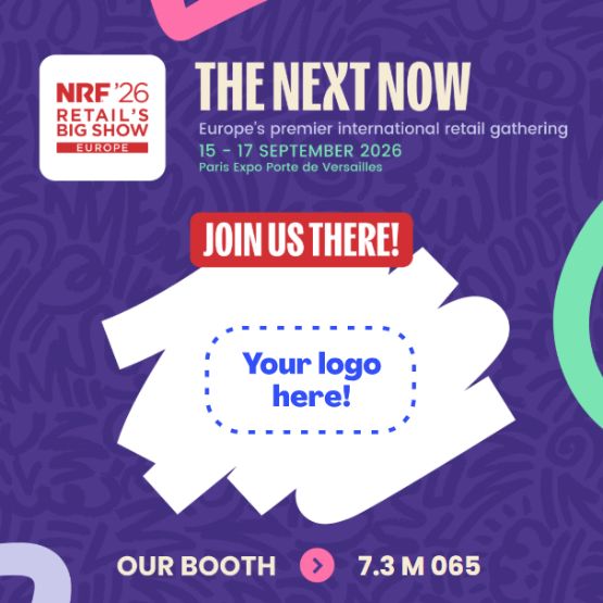 NRF 2026 Retail’s Big Show Europe visual announcing “We will be there”, with logo placeholder and booth 7.3 M 065 at Paris Expo Porte de Versailles