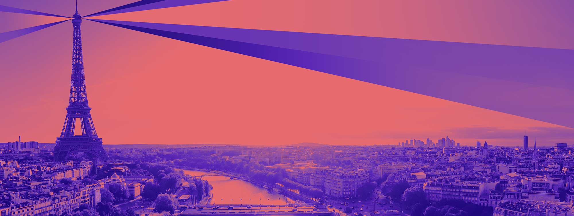 Artistic illustration of the Eiffel Tower and Paris rooftops in purple and pink tones.